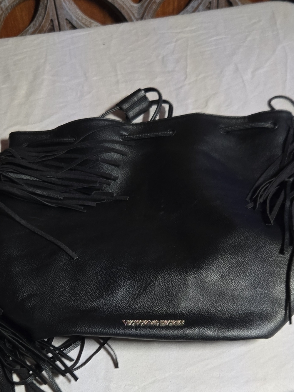 Victoria's Secret Black Fringe Drawstring Backpack Bucket Bag Shoulder Bag